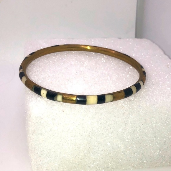 Vtg Onyx & Bone Panel Inlay Brass Bangle 8” / 2.6” Diameter - Picture 1 of 5